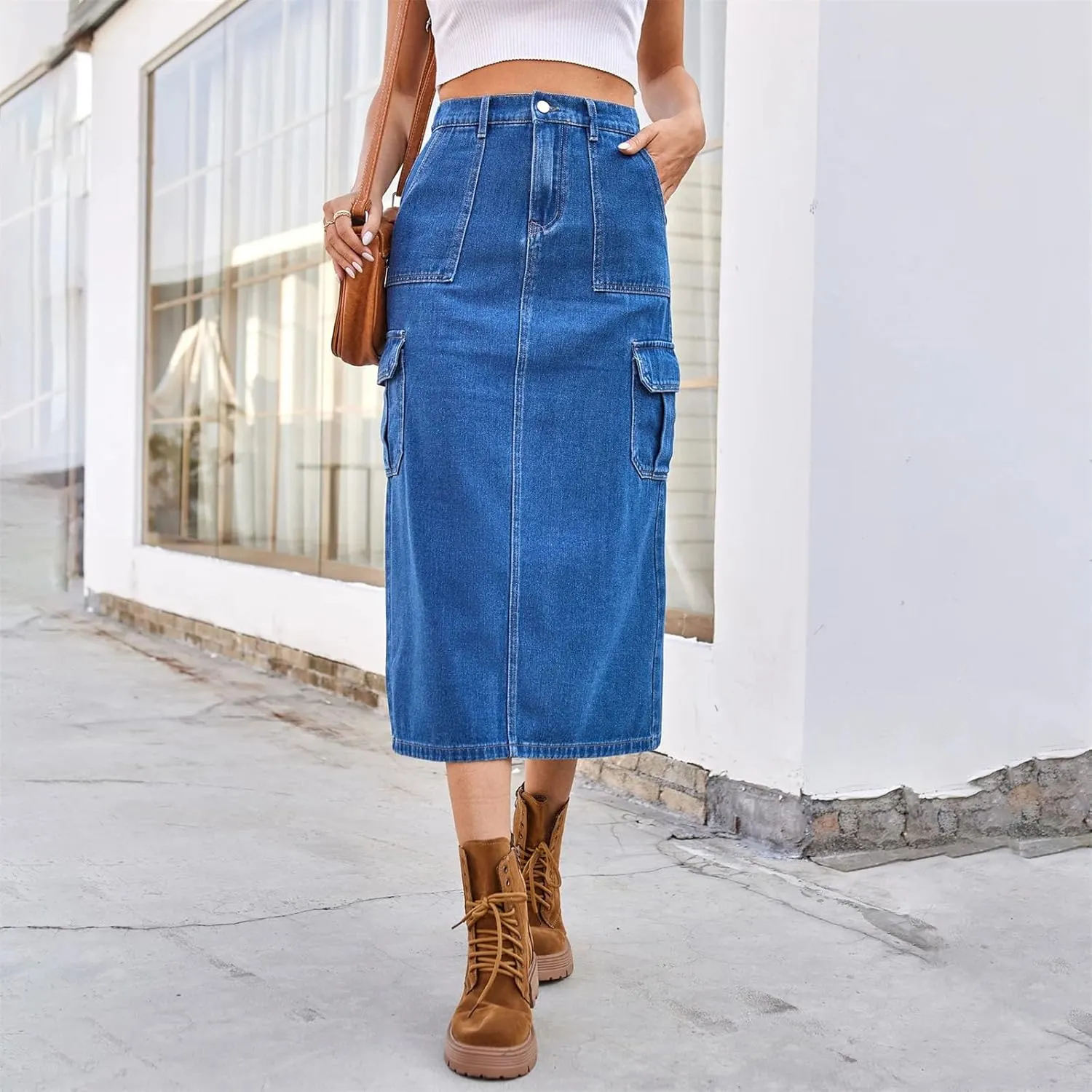 Streetwear Denim Long Skirt for Women Split Hem Half Body A Line Workwear Washed Multiple Pockets Skirts