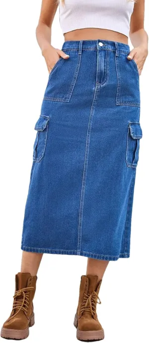 Streetwear Denim Long Skirt for Women Split Hem Half Body A Line Workwear Washed Multiple Pockets Skirts