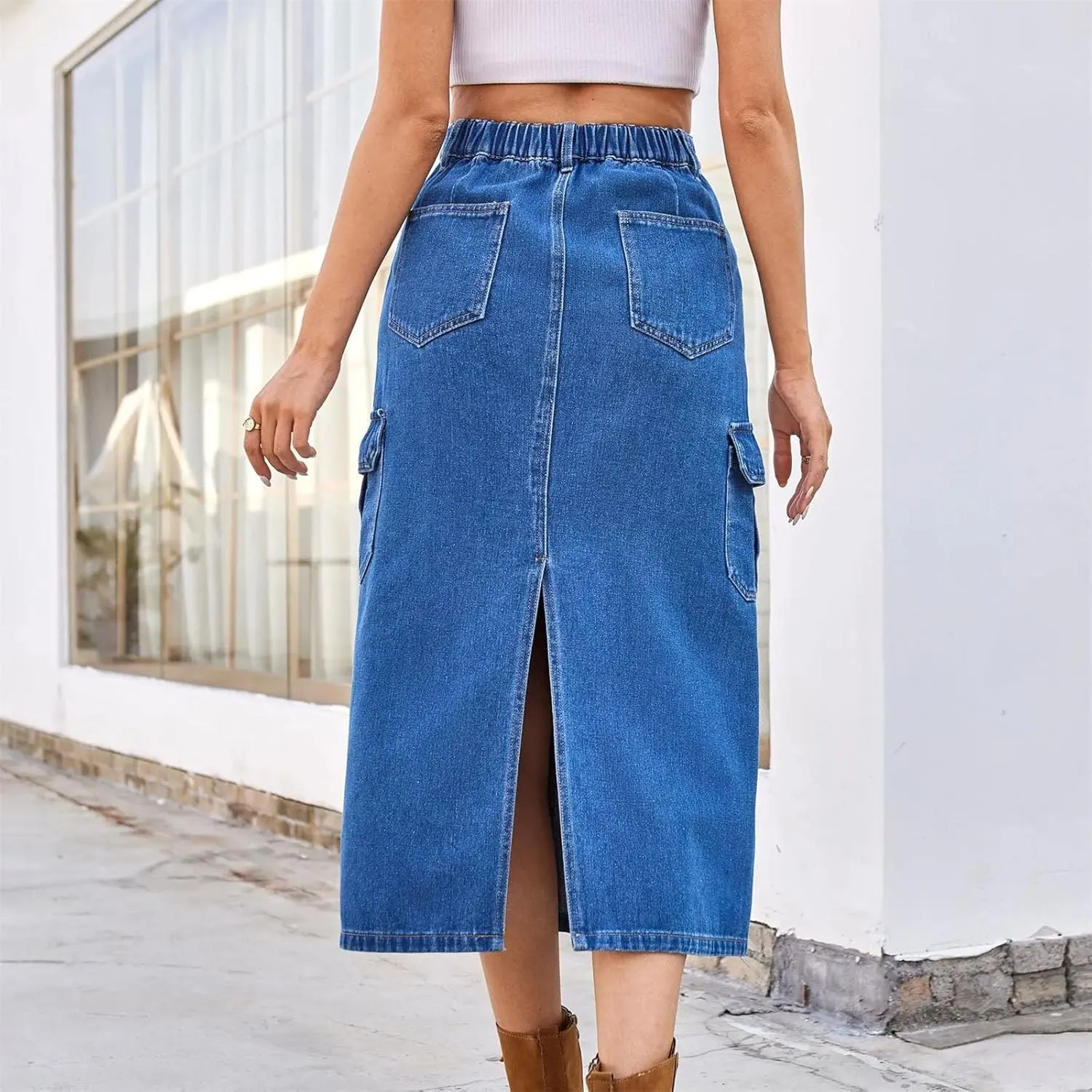 Streetwear Denim Long Skirt for Women Split Hem Half Body A Line Workwear Washed Multiple Pockets Skirts