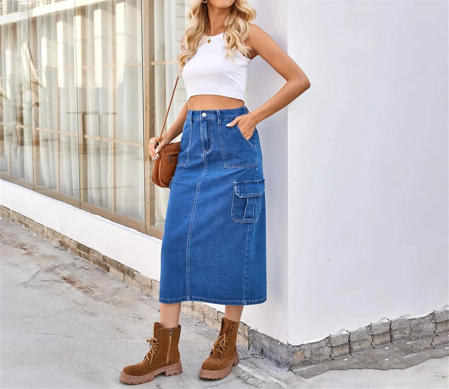 Streetwear Denim Long Skirt for Women Split Hem Half Body A Line Workwear Washed Multiple Pockets Skirts