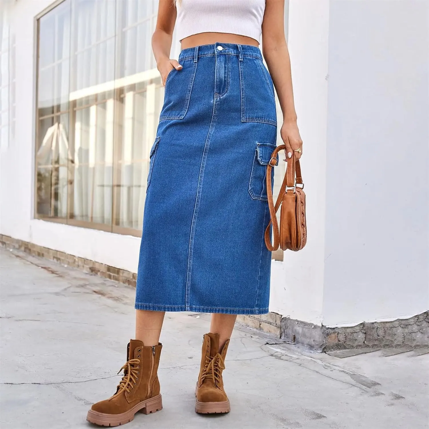 Streetwear Denim Long Skirt for Women Split Hem Half Body A Line Workwear Washed Multiple Pockets Skirts