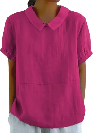 Summer Linen Shirts for Womens Short Sleeve Casual Stand Collared Work Blouse Tunic Tops
