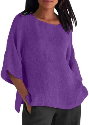 Summer Solid Linen Shirts for Womens Cotton Linen Shirt Casual 3/4 Sleeve Solid Color Crewneck Tunic Tops Beach Blouse
