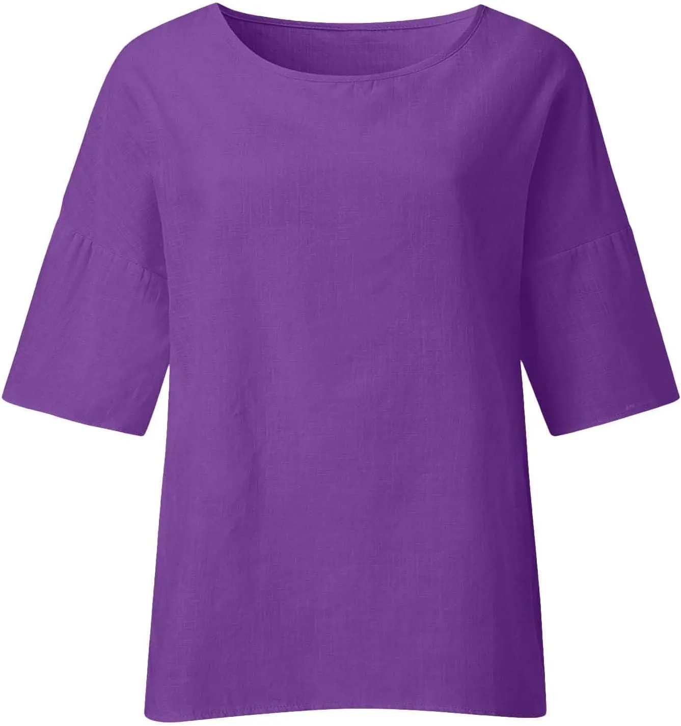 Summer Solid Linen Shirts for Womens Cotton Linen Shirt Casual 3/4 Sleeve Solid Color Crewneck Tunic Tops Beach Blouse