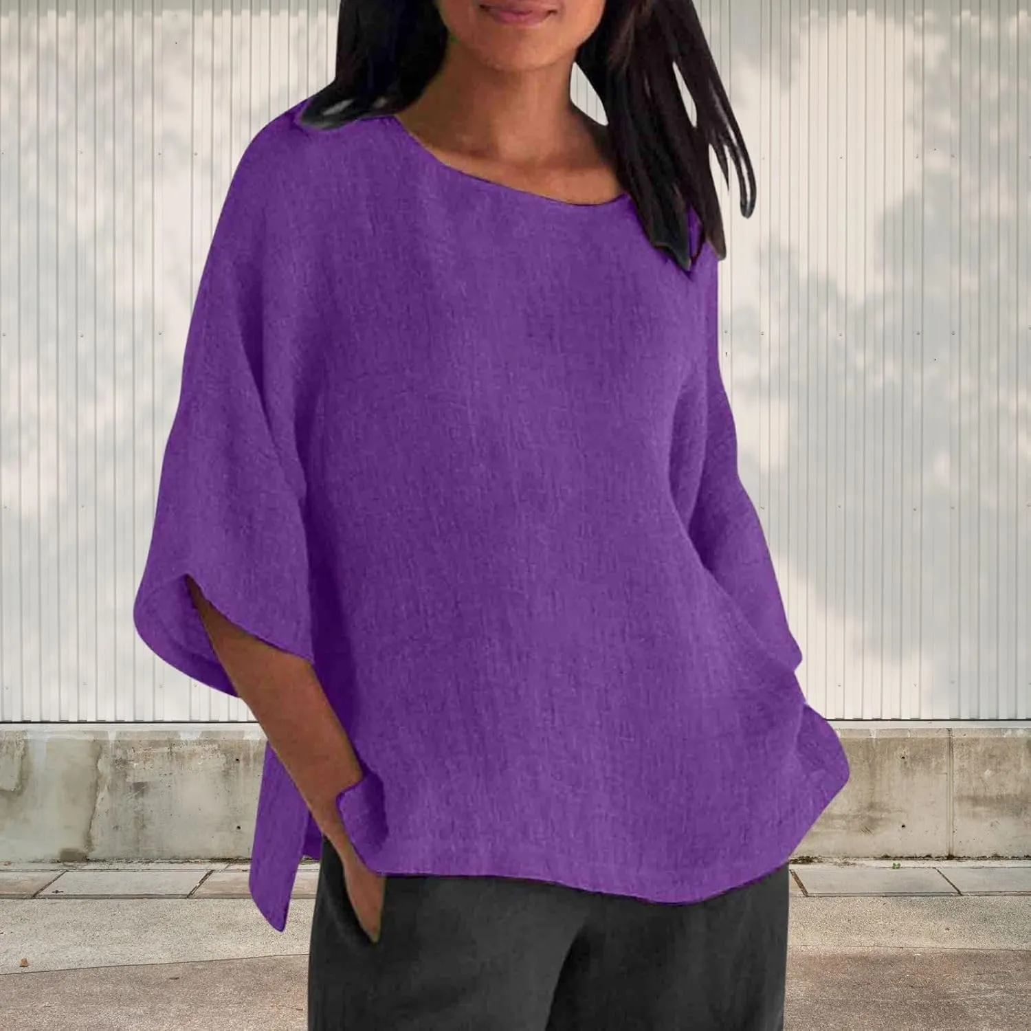 Summer Solid Linen Shirts for Womens Cotton Linen Shirt Casual 3/4 Sleeve Solid Color Crewneck Tunic Tops Beach Blouse