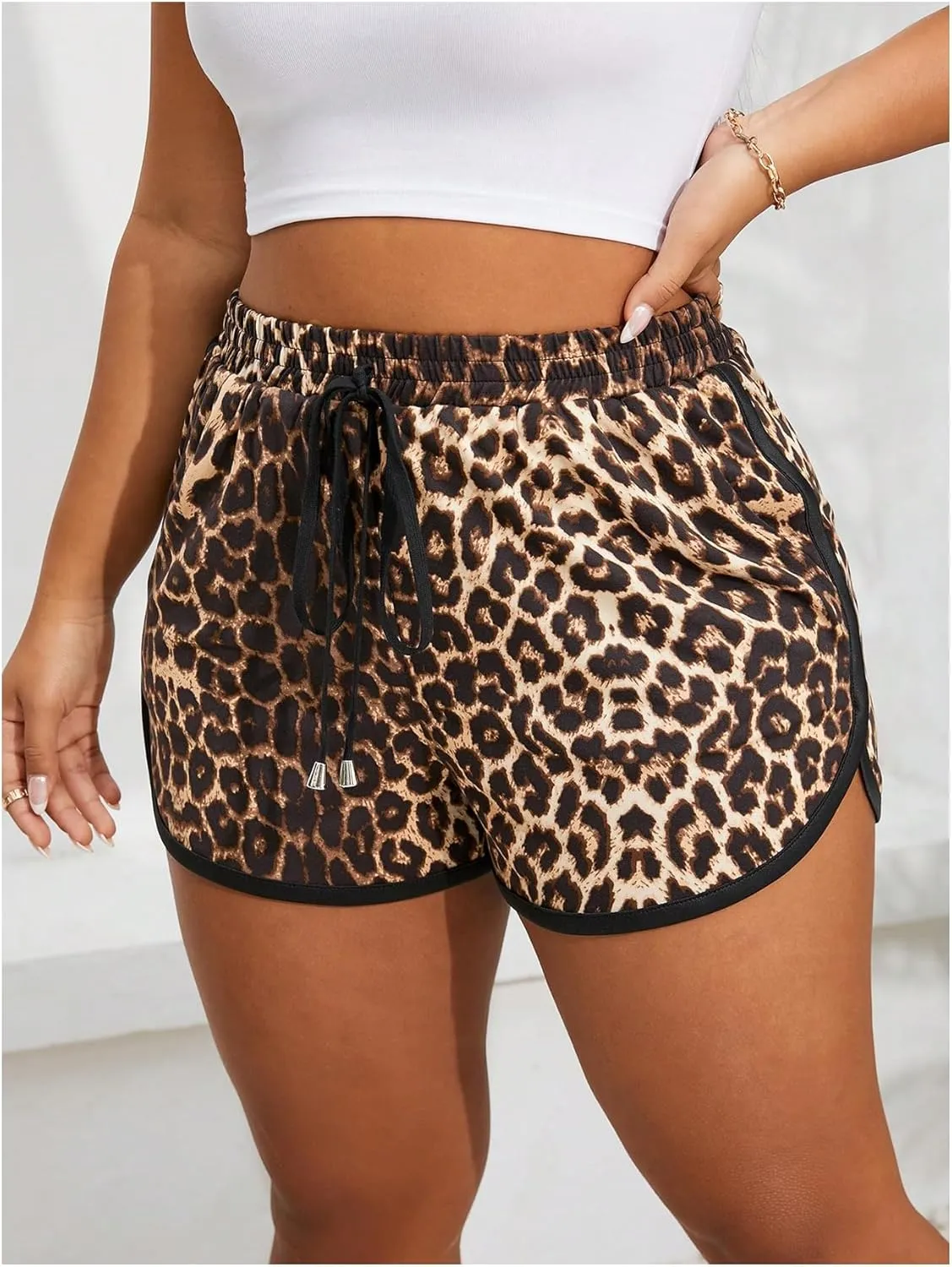SweatyRocks Women's Plus Size Leopard Print High Waisted Summer Workout Casual Shorts