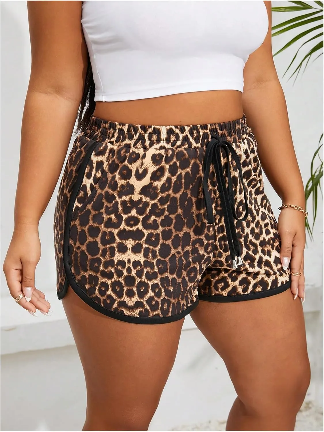SweatyRocks Women's Plus Size Leopard Print High Waisted Summer Workout Casual Shorts