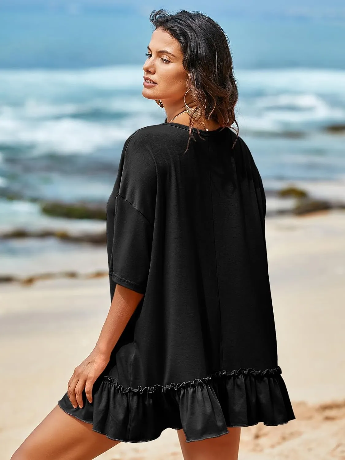 Tankaneo Womens Peplum Oversized Tshirt Summer Casual Pleated Shirt Dress Crew Neck Flowy Beach Tunic Tops