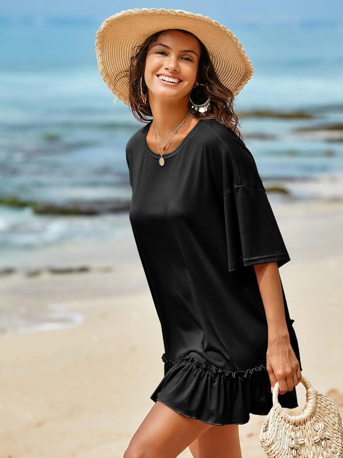 Tankaneo Womens Peplum Oversized Tshirt Summer Casual Pleated Shirt Dress Crew Neck Flowy Beach Tunic Tops