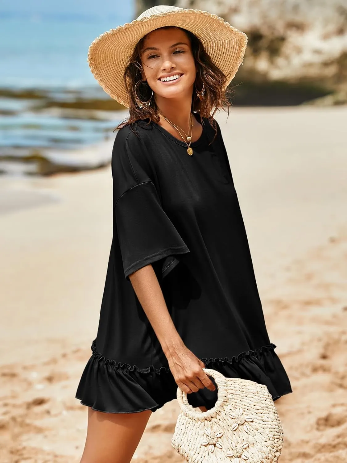 Tankaneo Womens Peplum Oversized Tshirt Summer Casual Pleated Shirt Dress Crew Neck Flowy Beach Tunic Tops