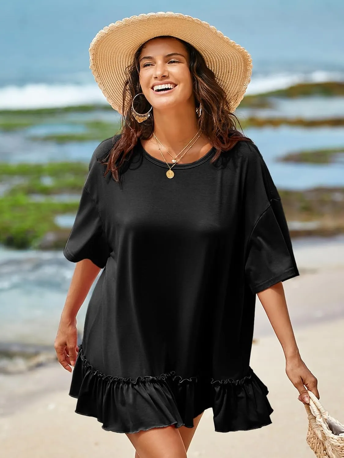 Tankaneo Womens Peplum Oversized Tshirt Summer Casual Pleated Shirt Dress Crew Neck Flowy Beach Tunic Tops