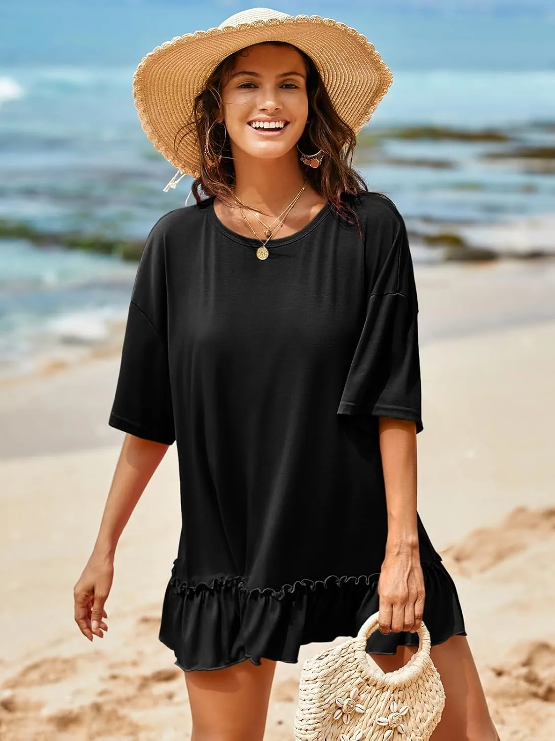 Tankaneo Womens Peplum Oversized Tshirt Summer Casual Pleated Shirt Dress Crew Neck Flowy Beach Tunic Tops