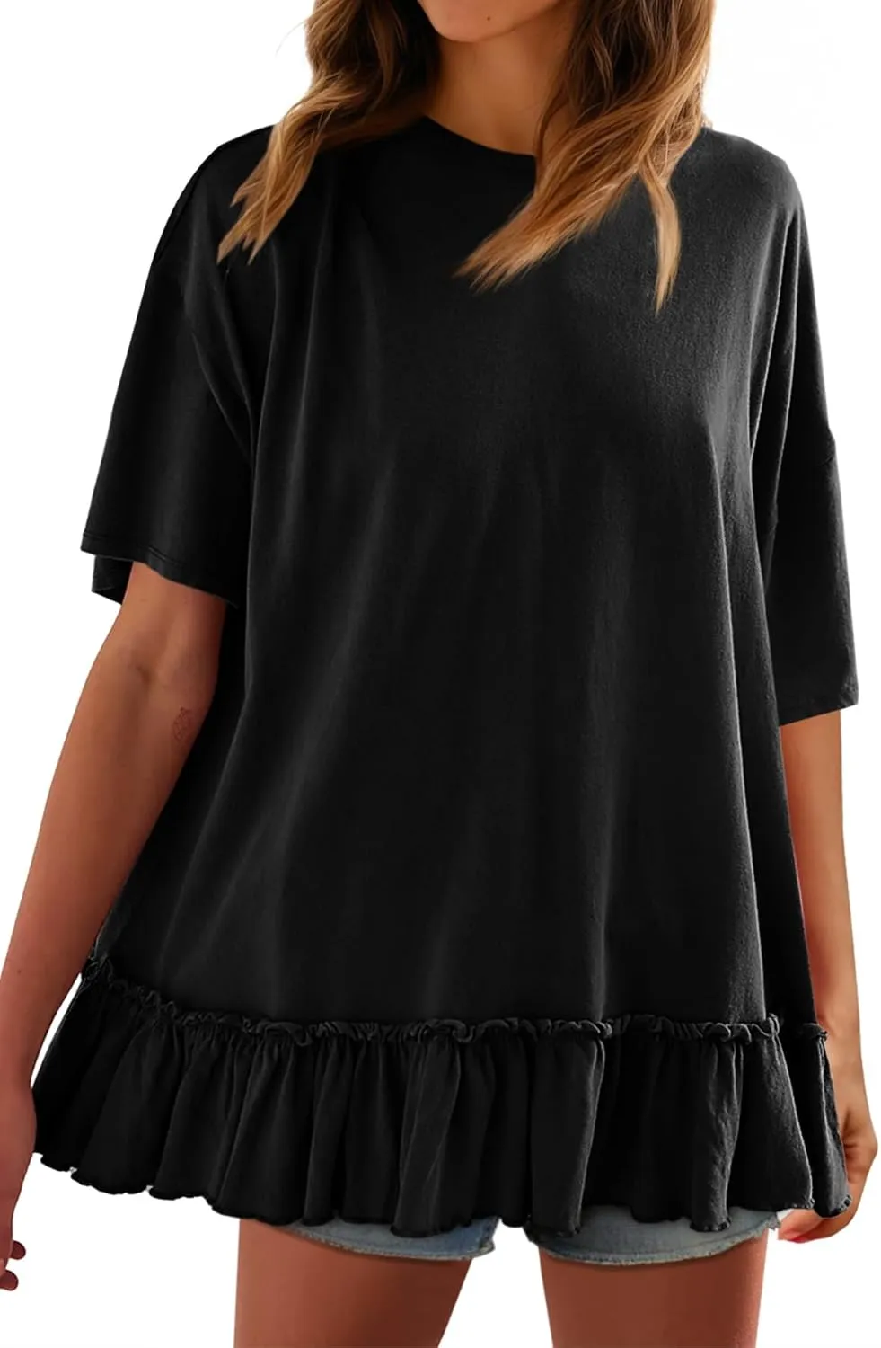 Tankaneo Womens Peplum Oversized Tshirt Summer Casual Pleated Shirt Dress Crew Neck Flowy Beach Tunic Tops