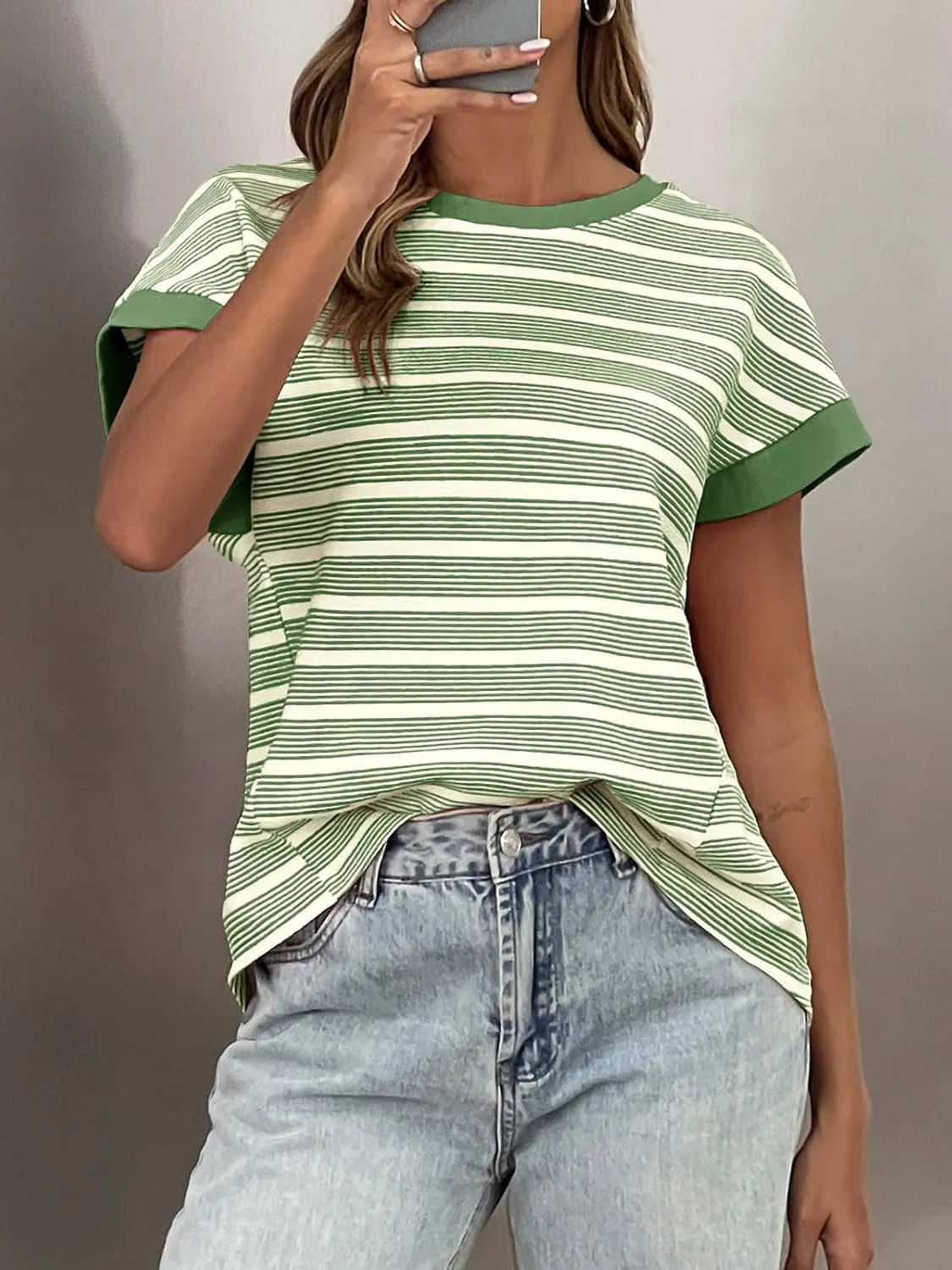 Tankaneo Womens Striped Cap Sleeve T Shirts Summer Casual Oversized Ribbed Knit Tops Crew Neck Loose Fit Blouses