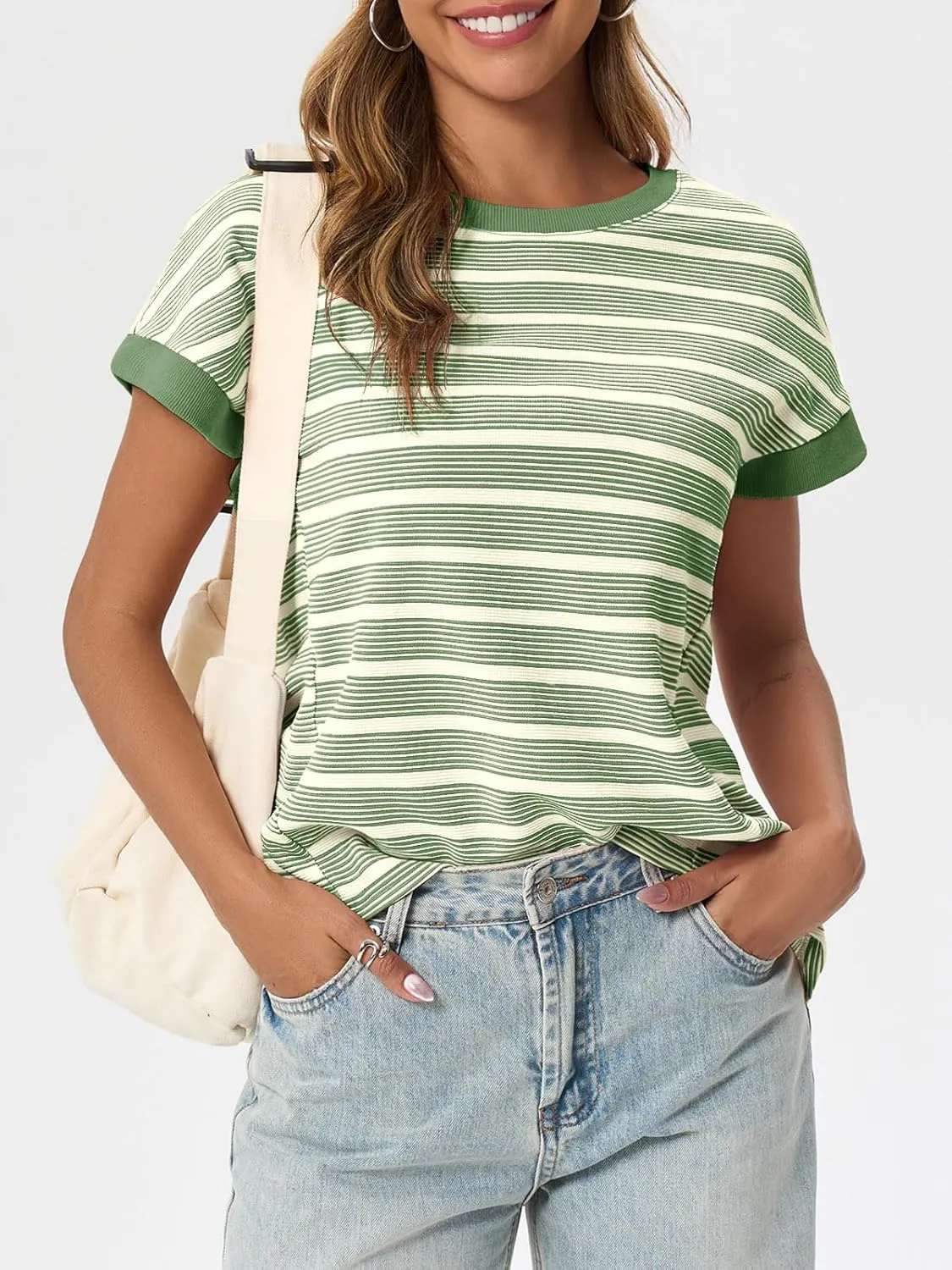 Tankaneo Womens Striped Cap Sleeve T Shirts Summer Casual Oversized Ribbed Knit Tops Crew Neck Loose Fit Blouses