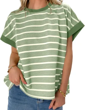 Tankaneo Womens Striped Cap Sleeve T Shirts Summer Casual Oversized Ribbed Knit Tops Crew Neck Loose Fit Blouses