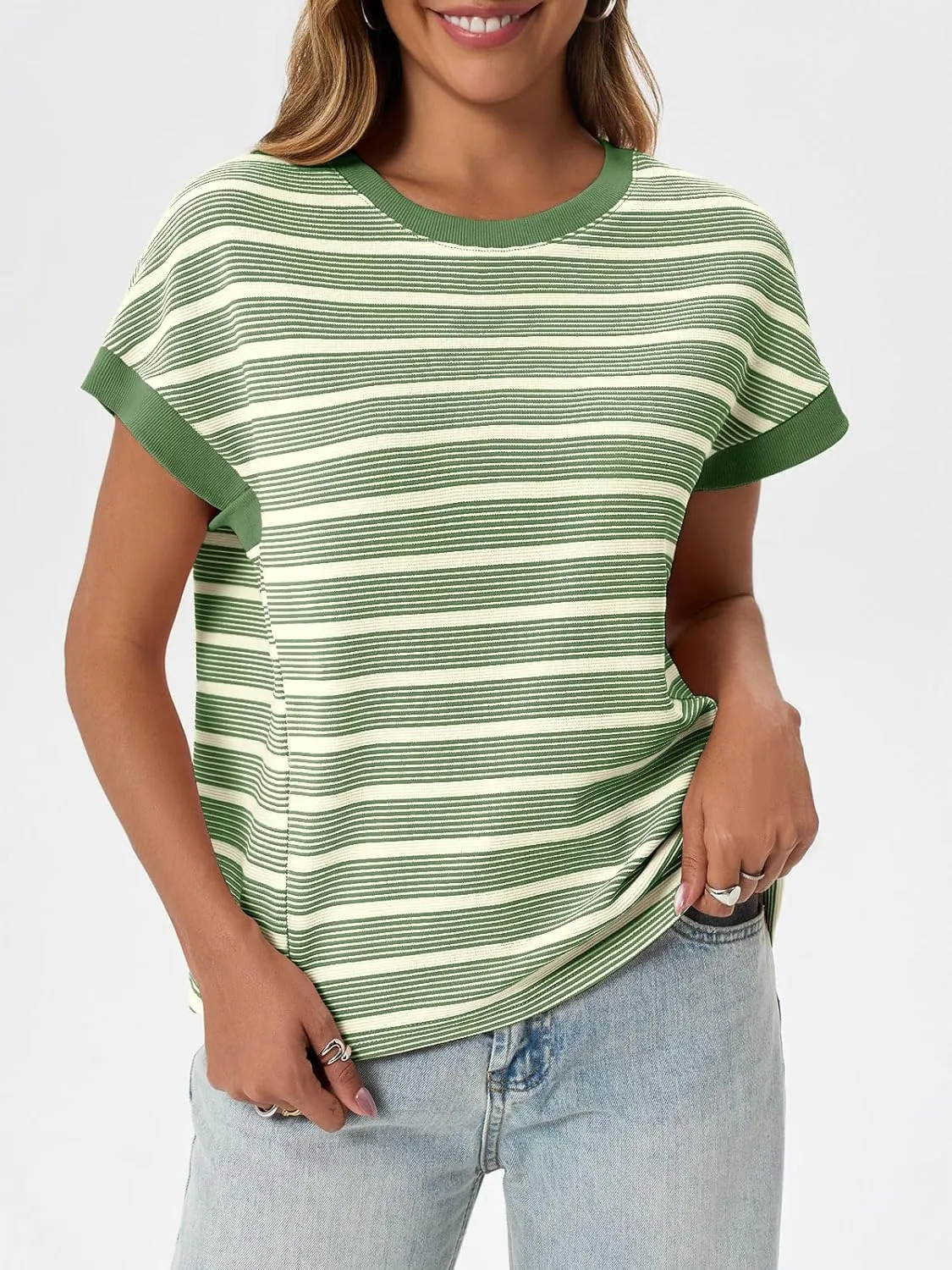 Tankaneo Womens Striped Cap Sleeve T Shirts Summer Casual Oversized Ribbed Knit Tops Crew Neck Loose Fit Blouses