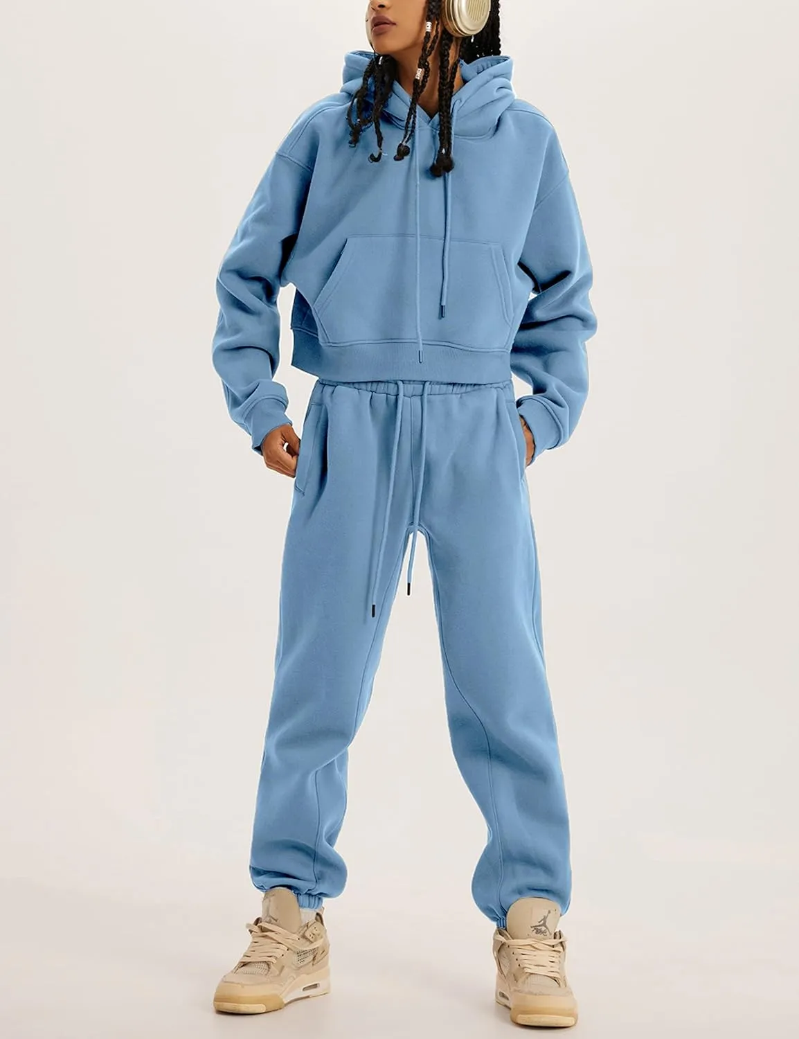 Tanming Women 2 Piece Outfits Sweatsuits Crop Pullover Fleece Sweatshirt Jogger Pants Lounge Set