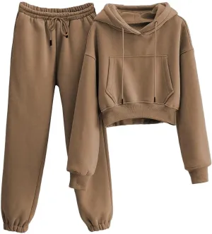 Tanming Women 2 Piece Outfits Sweatsuits Crop Pullover Fleece Sweatshirt Jogger Pants Lounge Set