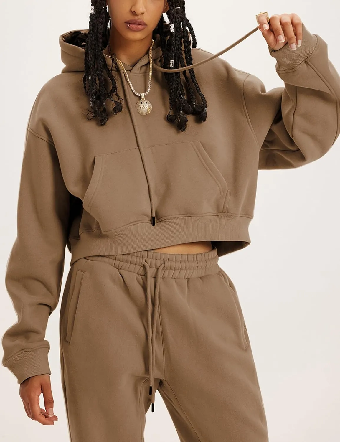 Tanming Women 2 Piece Outfits Sweatsuits Crop Pullover Fleece Sweatshirt Jogger Pants Lounge Set