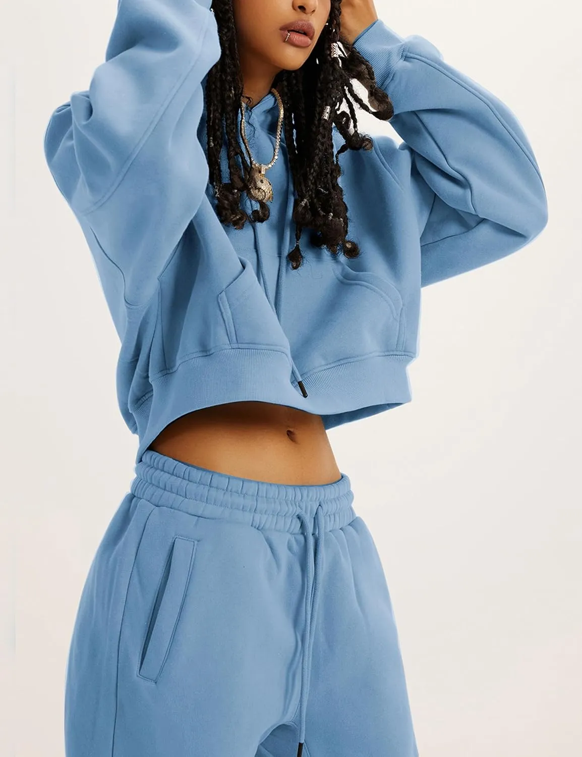 Tanming Women 2 Piece Outfits Sweatsuits Crop Pullover Fleece Sweatshirt Jogger Pants Lounge Set