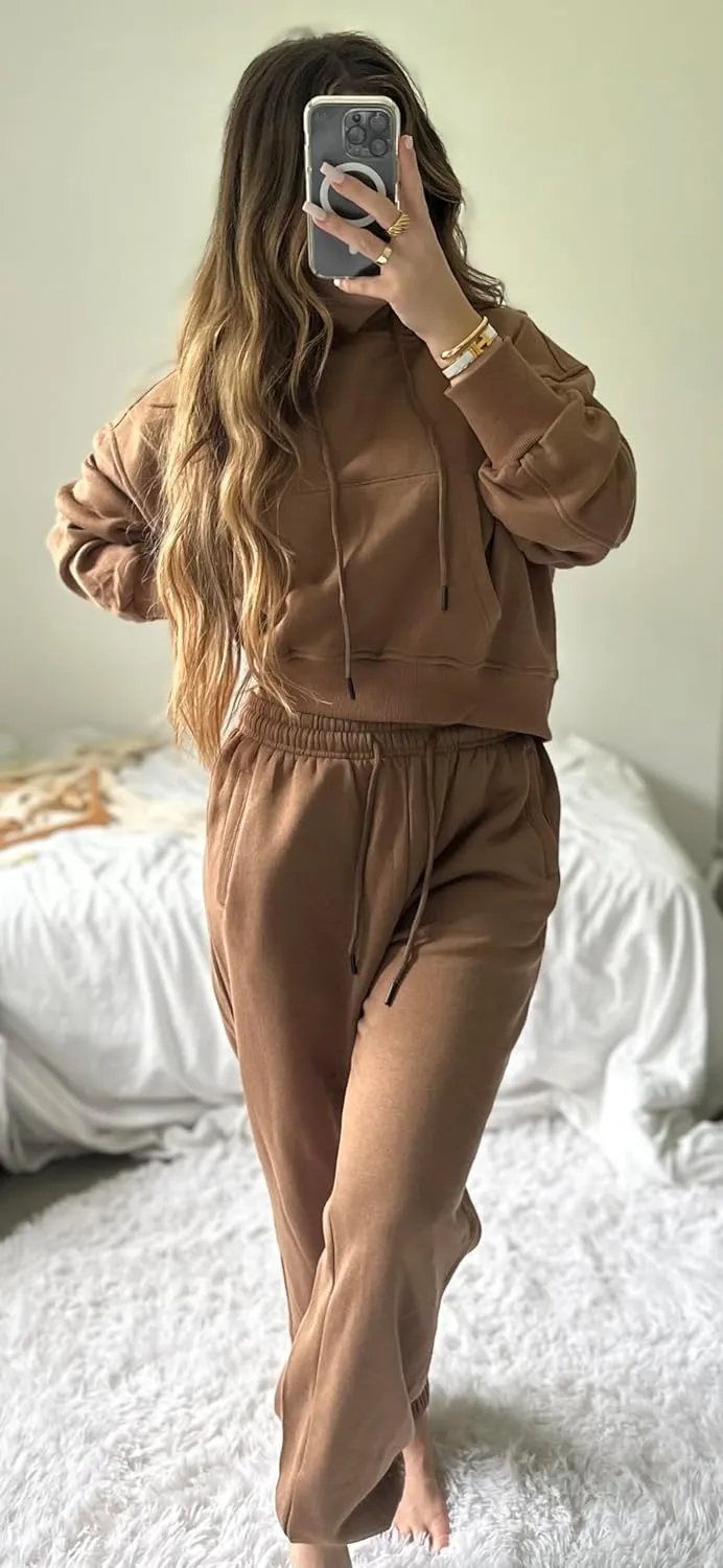 Tanming Women 2 Piece Outfits Sweatsuits Crop Pullover Fleece Sweatshirt Jogger Pants Lounge Set