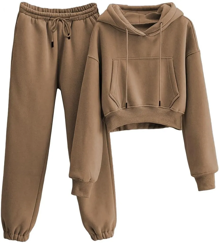 Tanming Women 2 Piece Outfits Sweatsuits Crop Pullover Fleece Sweatshirt Jogger Pants Lounge Set
