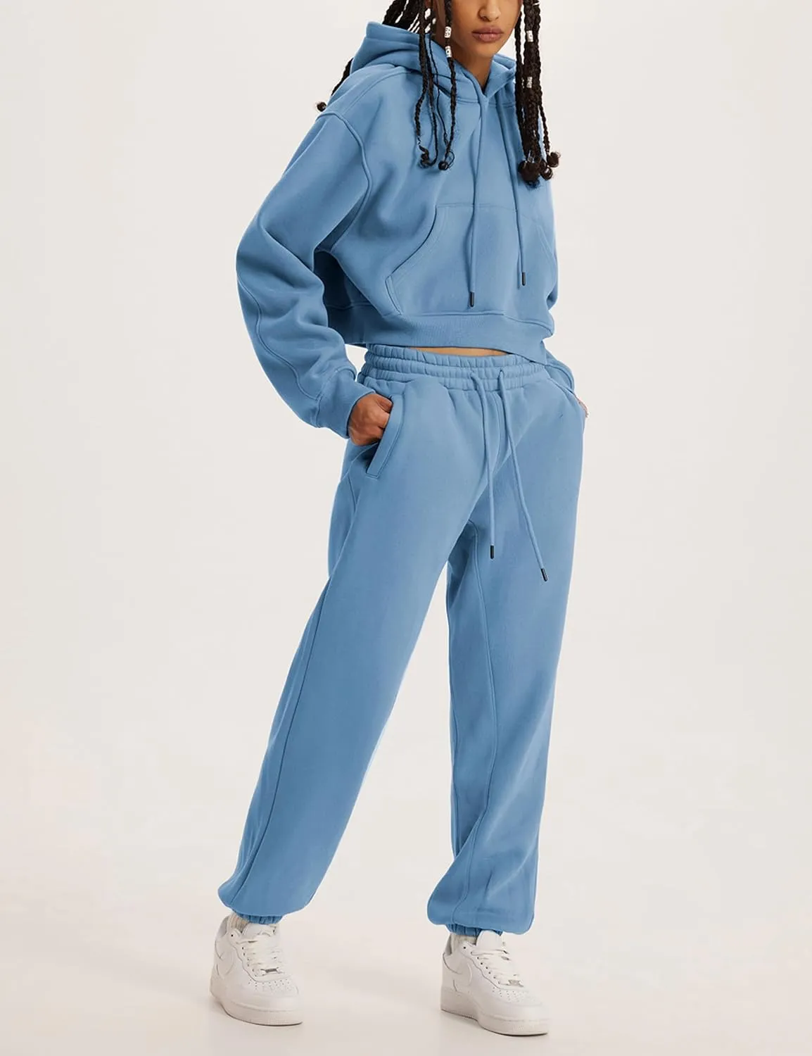 Tanming Women 2 Piece Outfits Sweatsuits Crop Pullover Fleece Sweatshirt Jogger Pants Lounge Set