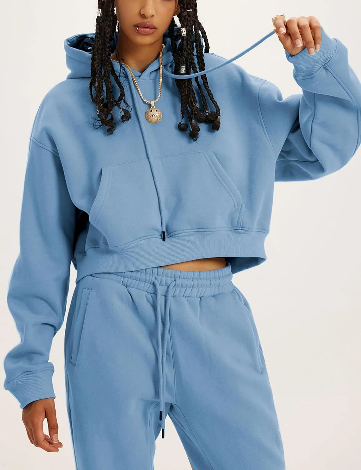 Tanming Women 2 Piece Outfits Sweatsuits Crop Pullover Fleece Sweatshirt Jogger Pants Lounge Set