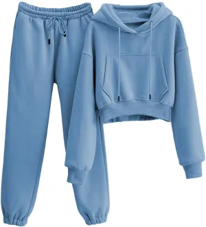 Tanming Women 2 Piece Outfits Sweatsuits Crop Pullover Fleece Sweatshirt Jogger Pants Lounge Set