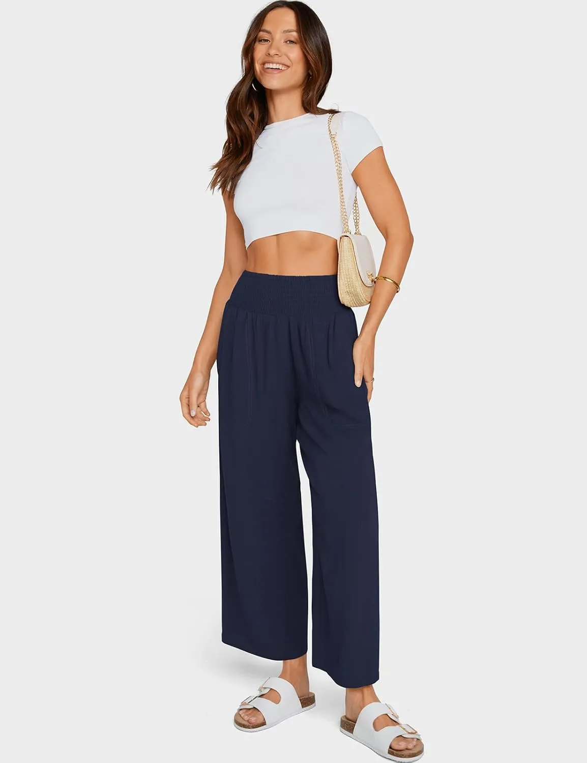 TARSE Women Linen Pants Wide Leg Elastic High Waisted Palazzo Trousers Casual Loose Beach Vacation Clothes with Pockets
