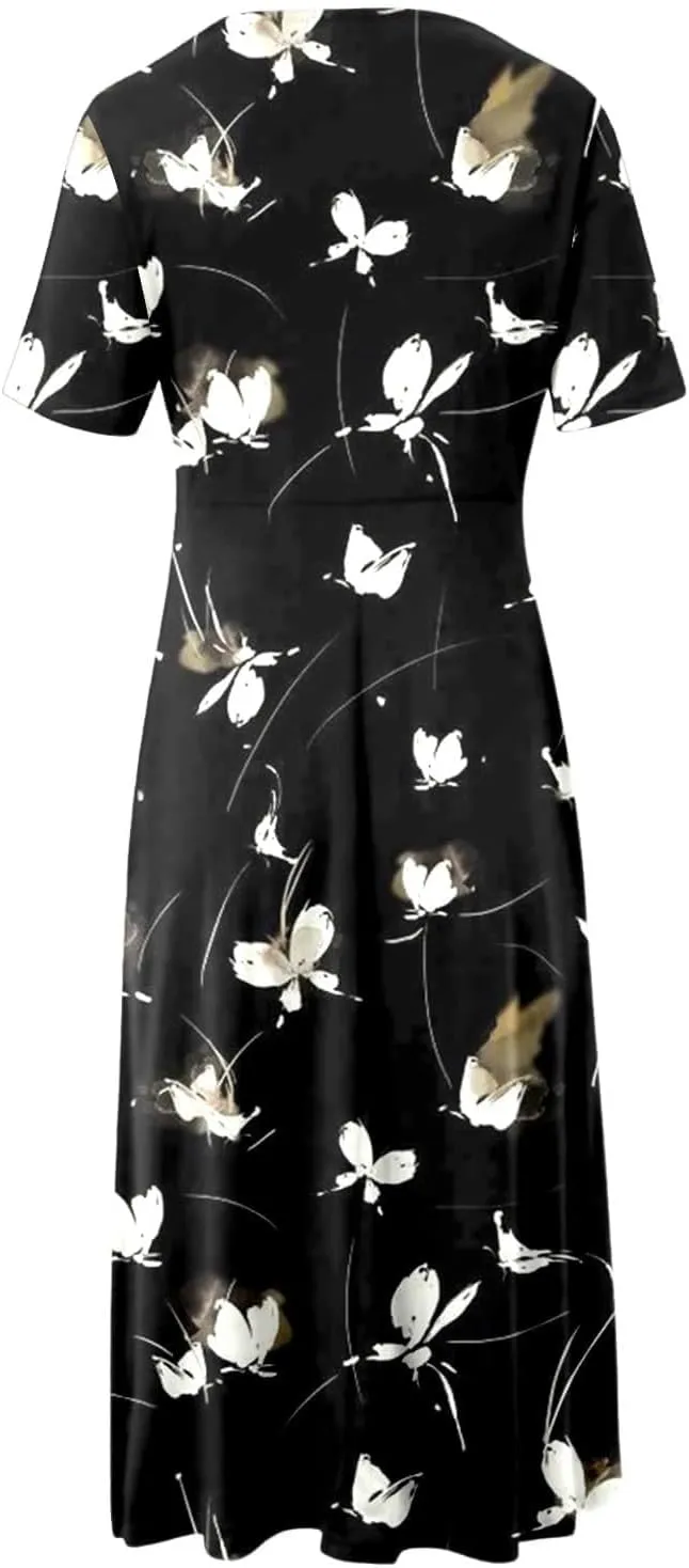 TIAFORD Women's Boho Floal Print Casual Short Sleeve Dress Twist Front Wrap V Neck Pleated A-line Midi Dress with Pockets