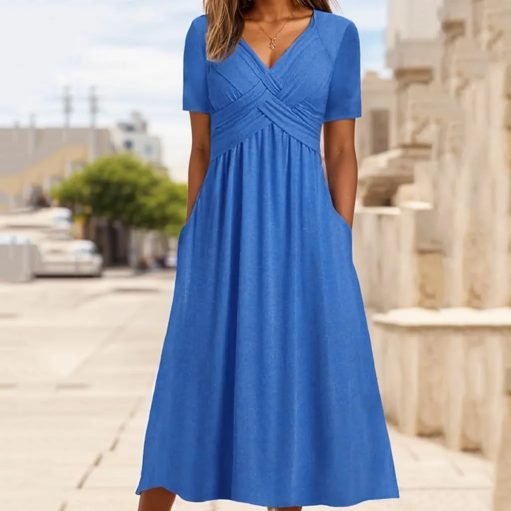 TIAFORD Women's Boho Floal Print Casual Short Sleeve Dress Twist Front Wrap V Neck Pleated A-line Midi Dress with Pockets