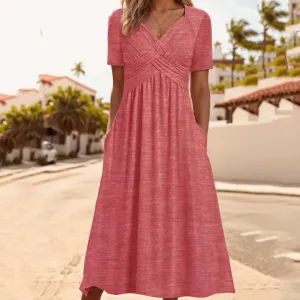 TIAFORD Women's Boho Floal Print Casual Short Sleeve Dress Twist Front Wrap V Neck Pleated A-line Midi Dress with Pockets