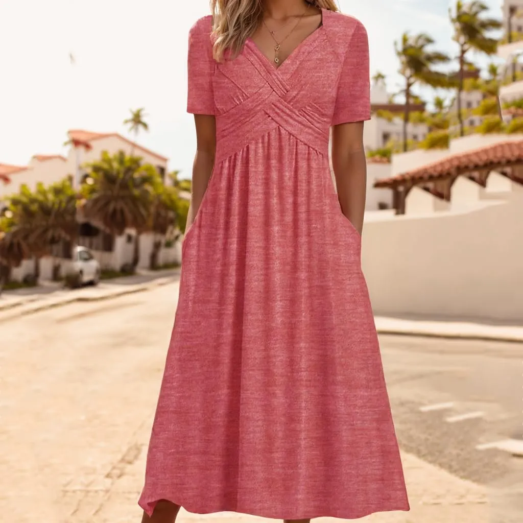TIAFORD Women's Boho Floal Print Casual Short Sleeve Dress Twist Front Wrap V Neck Pleated A-line Midi Dress with Pockets