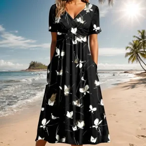 TIAFORD Women's Boho Floal Print Casual Short Sleeve Dress Twist Front Wrap V Neck Pleated A-line Midi Dress with Pockets