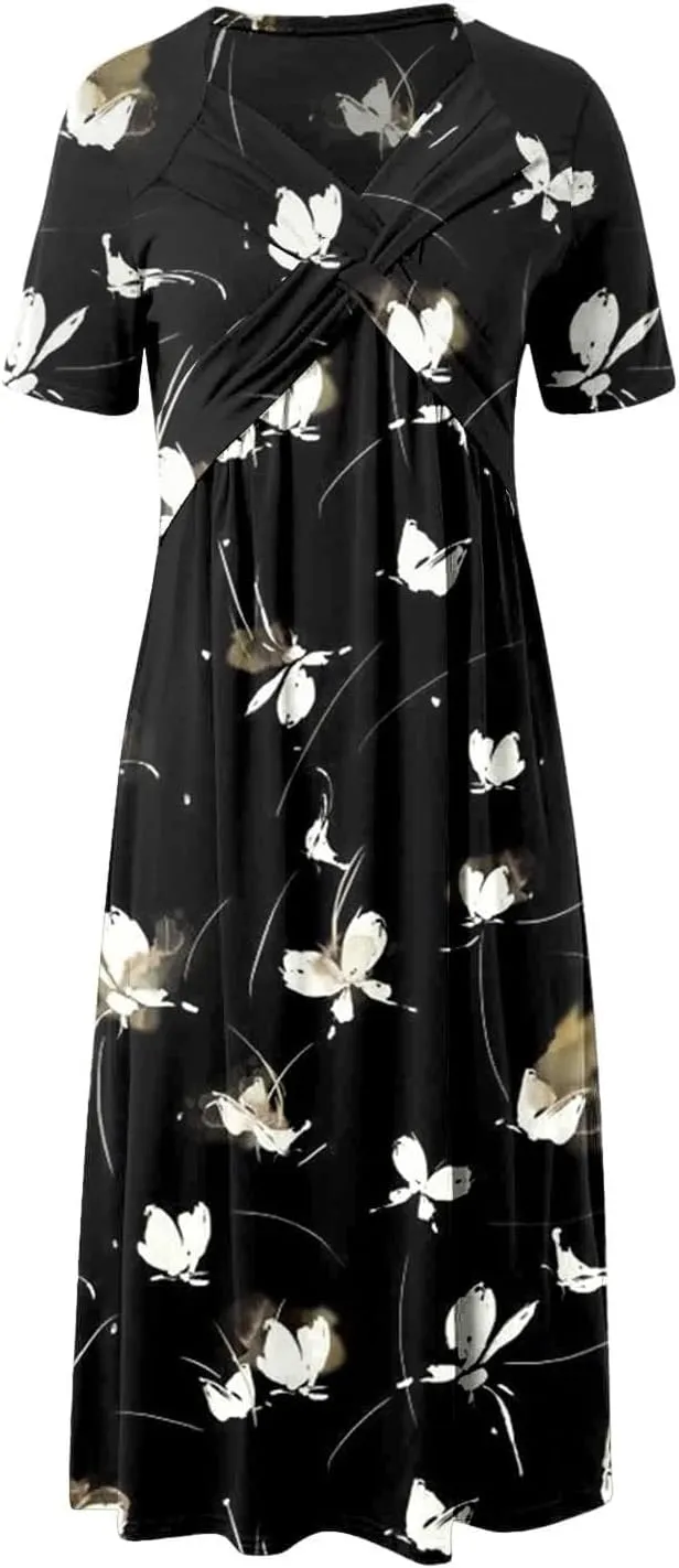 TIAFORD Women's Boho Floal Print Casual Short Sleeve Dress Twist Front Wrap V Neck Pleated A-line Midi Dress with Pockets