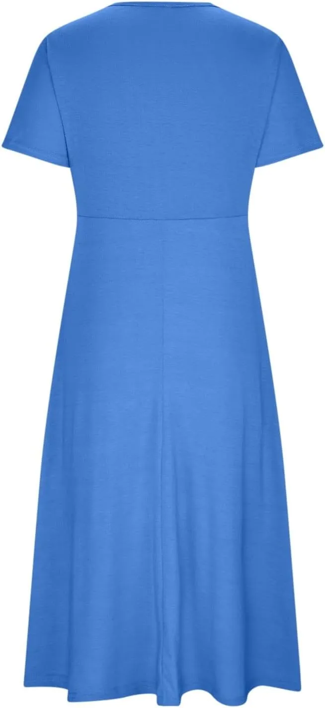 TIAFORD Women's Boho Floal Print Casual Short Sleeve Dress Twist Front Wrap V Neck Pleated A-line Midi Dress with Pockets