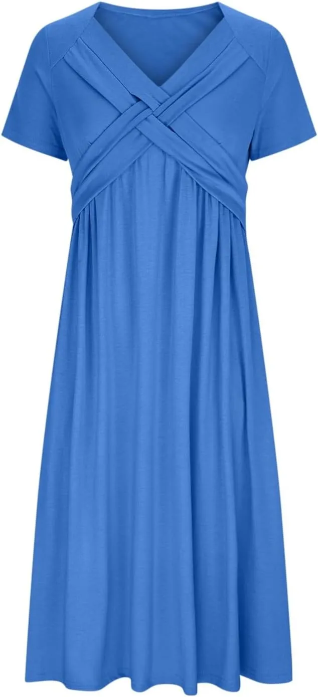 TIAFORD Women's Boho Floal Print Casual Short Sleeve Dress Twist Front Wrap V Neck Pleated A-line Midi Dress with Pockets