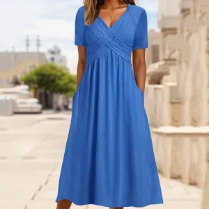 TIAFORD Women's Boho Floal Print Casual Short Sleeve Dress Twist Front Wrap V Neck Pleated A-line Midi Dress with Pockets