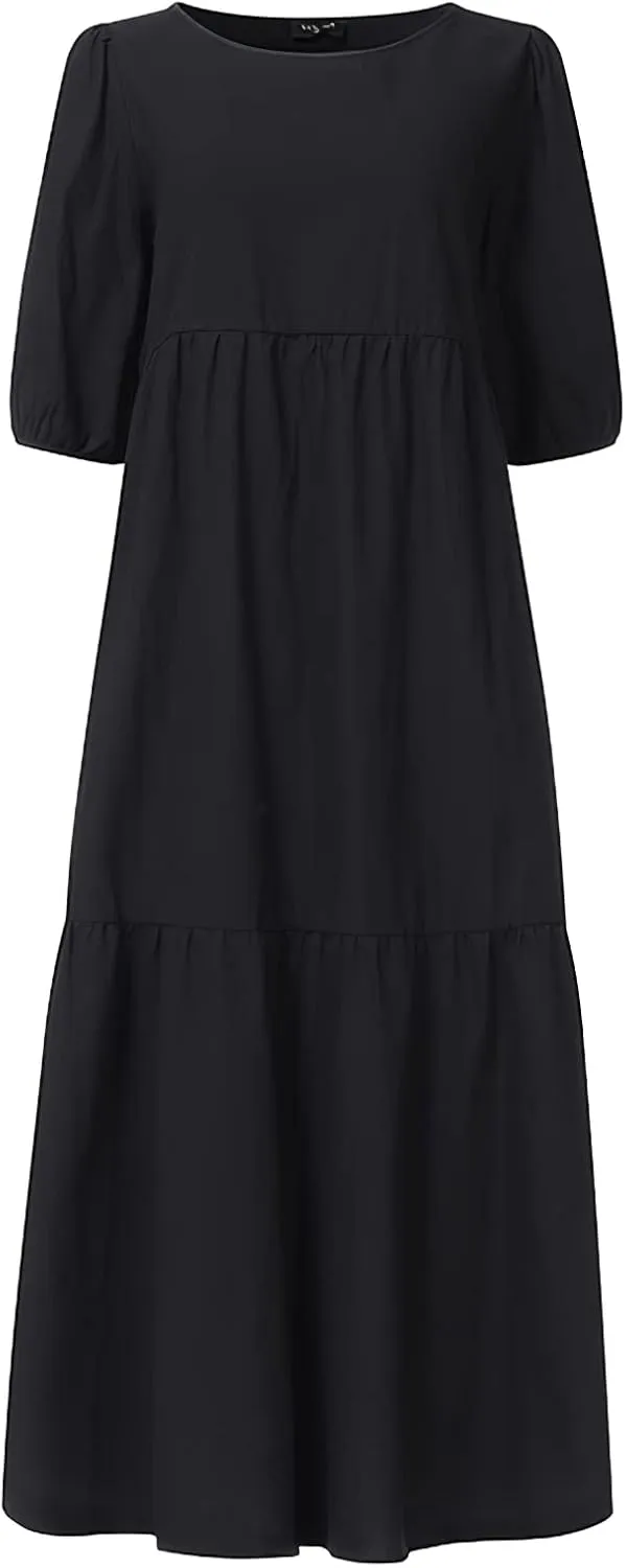 TIAFORD Women's Linen Puff Short Sleeve Crewneck Tiered Maxi Dress Summer Casual Flowy Vacation Plus Size Dress