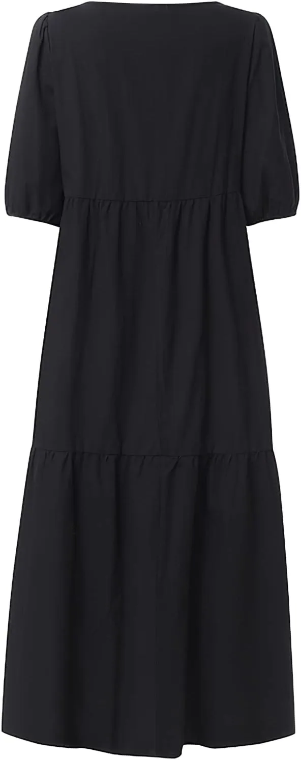 TIAFORD Women's Linen Puff Short Sleeve Crewneck Tiered Maxi Dress Summer Casual Flowy Vacation Plus Size Dress