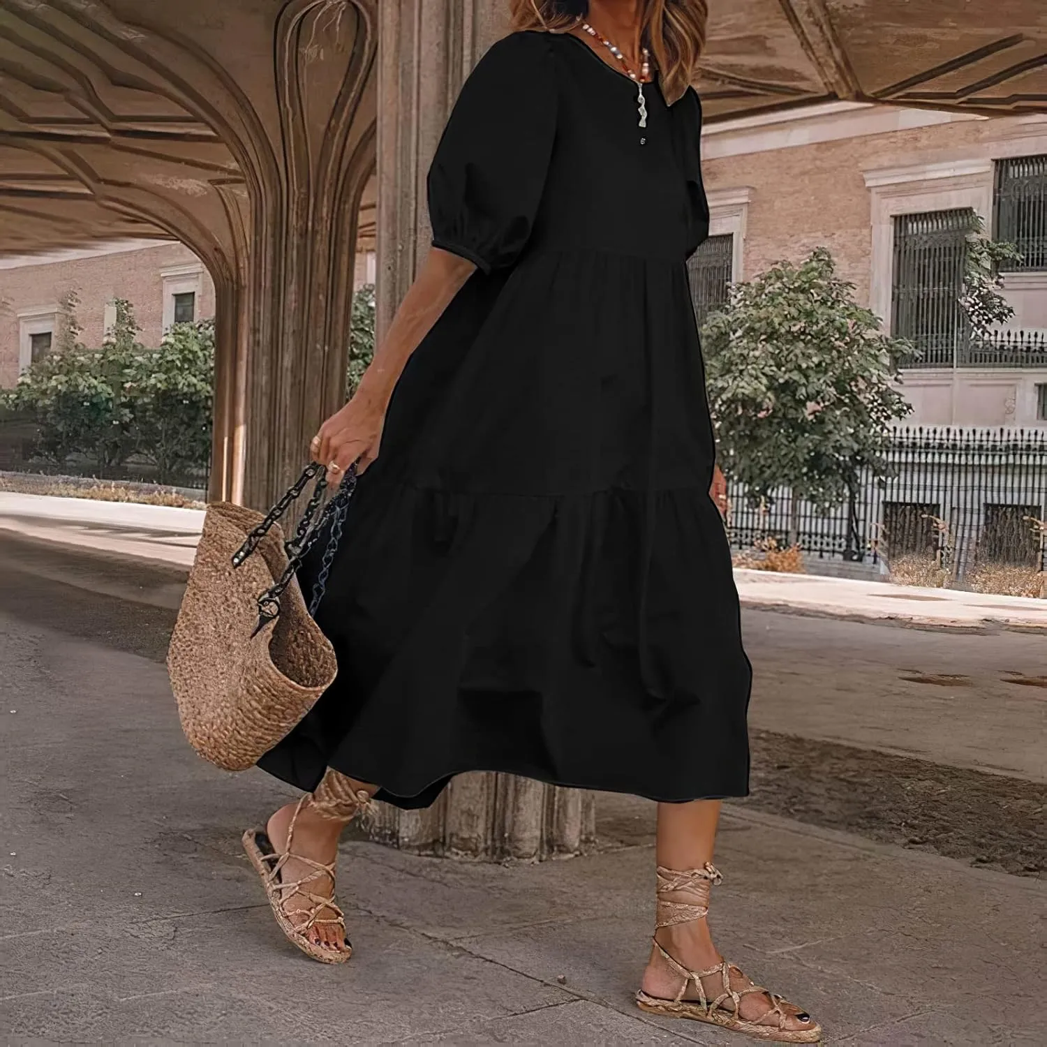 TIAFORD Women's Linen Puff Short Sleeve Crewneck Tiered Maxi Dress Summer Casual Flowy Vacation Plus Size Dress