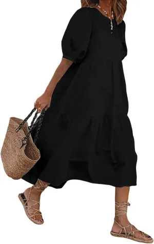 TIAFORD Women's Linen Puff Short Sleeve Crewneck Tiered Maxi Dress Summer Casual Flowy Vacation Plus Size Dress