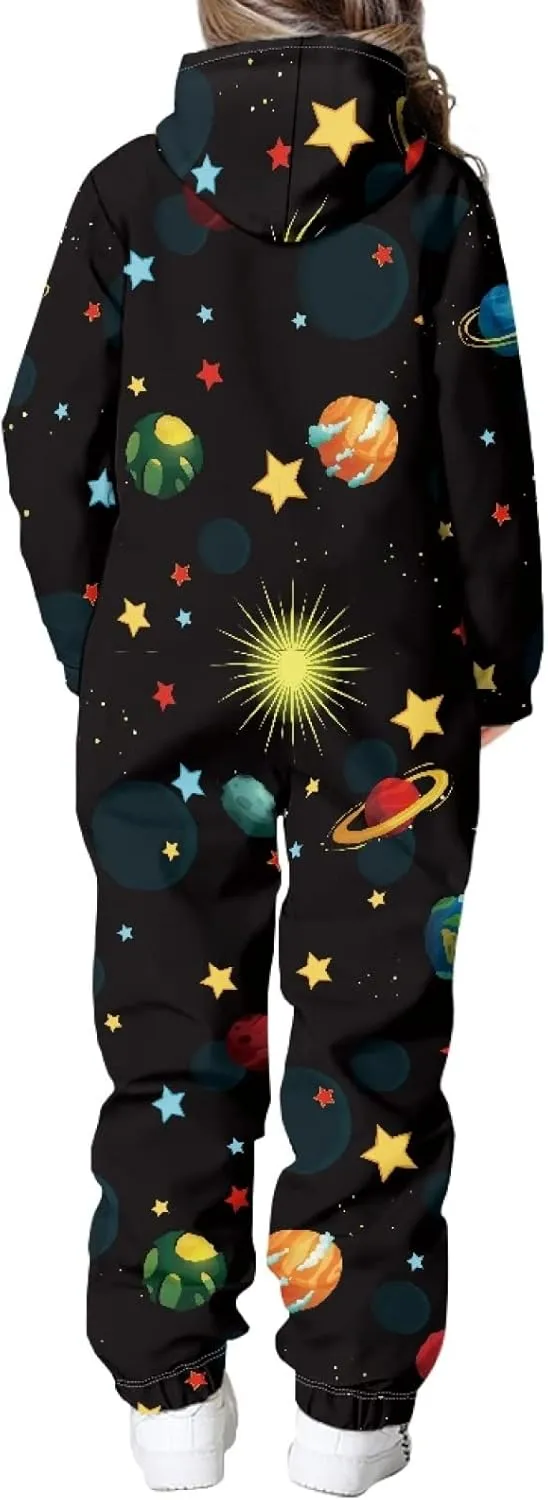 Unisex Kids Jumpsuits Novelty Printed Zip Up Hoodie Onesie Rompers for Boys Girls 7-16 Years