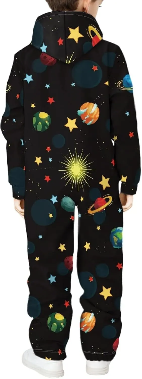 Unisex Kids Jumpsuits Novelty Printed Zip Up Hoodie Onesie Rompers for Boys Girls 7-16 Years