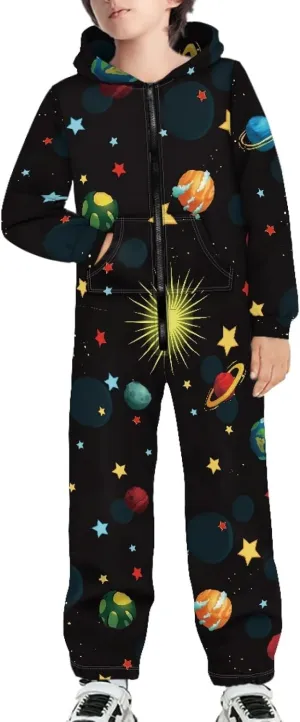 Unisex Kids Jumpsuits Novelty Printed Zip Up Hoodie Onesie Rompers for Boys Girls 7-16 Years