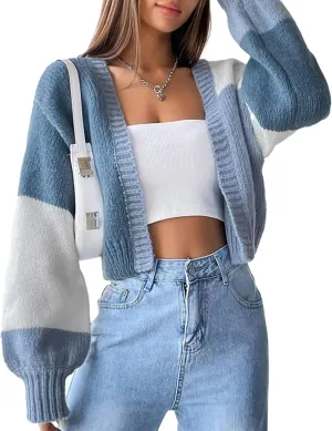 Unybwonn Women Color Block Cropped Cardigans Open Front Long Sleeve Knit Sweater Top Ribbed Loose Trendy Outerwear