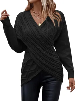 utcoco Women's Sexy V Neck Off Shoulder Cable Knit Sweaters Criss Cross Wrap Ruched Pullover Fall Tops