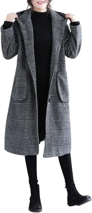 utcoco Women's Tweed Blazer Trench Coat Plaid Long Sleeve Button Down Wool Coat with Hood